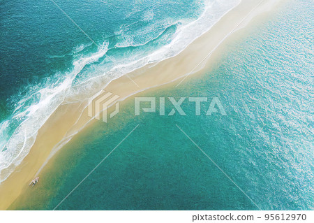 Relaxing aerial beach scene, summer vacation holiday template banner. Perfect aerial drone top view 95612970