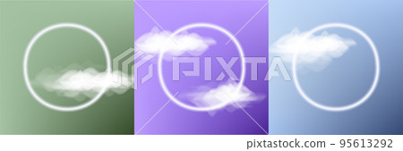 Set of cards with neon circles and realistic vector clouds 95613292