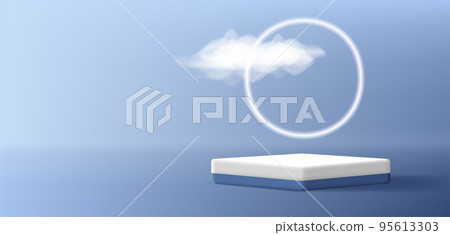 product showcase scene with square pedestal and neon circle with realistic cloud product showcase scene with square pedestal and neon circle with realistic cloud 95613303