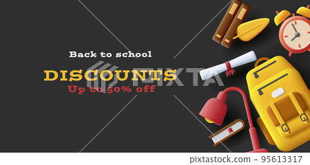 Back to school discounts with top view 3d illustration of backpack with books, desk lamp and clock Back to school discounts with top view 3d illustration of backpack with books, desk lamp and clock 95613317