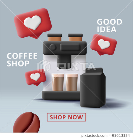 Web banner with 3d illustration of coffee machine with like bubbles and beans 95613324
