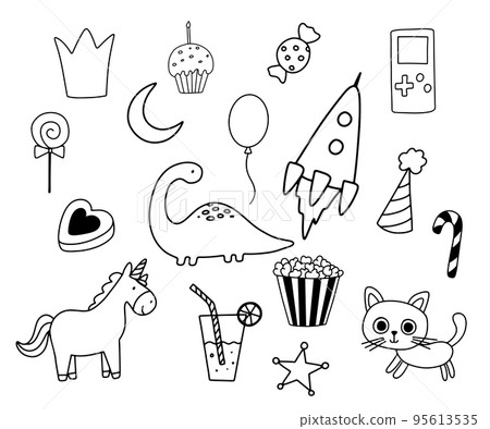 Outline cute funny unicorn, dino, rocket and sweets for coloring page. Vector doodle illustrations set isolated on white background. 95613535