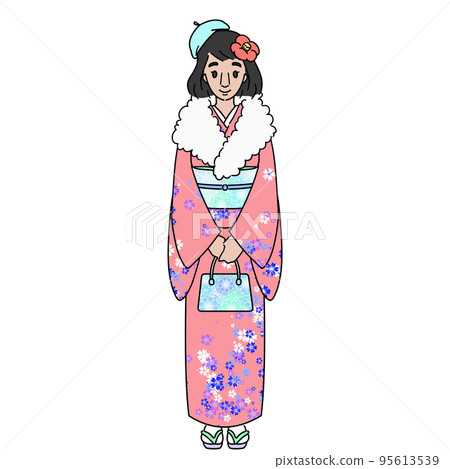 Fashionably dressed kimono woman without mask Fashionably dressed kimono woman without mask 95613539