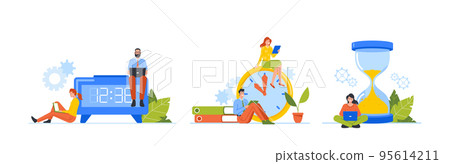 Time Management, Work Process Concept. Businesspeople around of Huge Clocks. Business Men and Women with Laptops 95614211