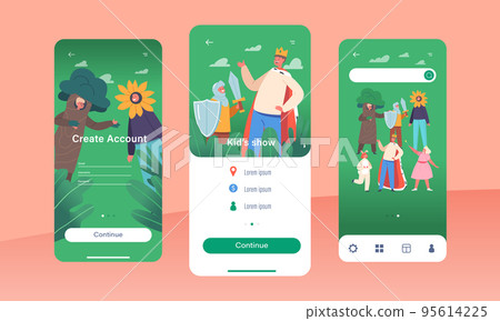Kids Show Mobile App Page Onboard Screen Template. Children In Funny Theatrical Costumes Playing Performance On Stage 95614225