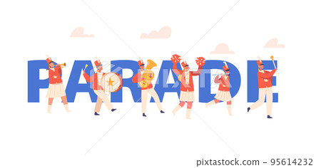 Kids Band In Red Uniform Marching On Parade Concept. Happy Girls And Boys Play Festival Music With Drum, Brass Horn 95614232