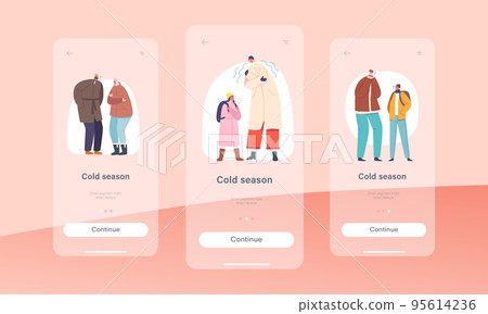 Cold Season Mobile App Page Onboard Screen Template. People At Wintertime Freeze, Characters Wear Warm Winter Clothes 95614236