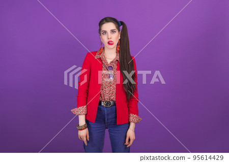 Retro fashion 90s 80s young woman in red jacket portrait, stupid emotion 95614429