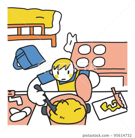 A young carer elementary school student who prepares a meal for his family Illustration material 95614732