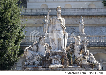 Pincio Terrace, goddess Roma between Tiber and Aniene, Piazza del Popolo in Rome, Italy Pincio Terrace, goddess Roma between Tiber and Aniene, Piazza del Popolo in Rome, Italy 95615701