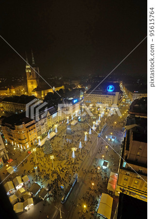 Evening view of Ban Jelacic square decorated with Christmas lights in Zagreb, Croatia 95615764