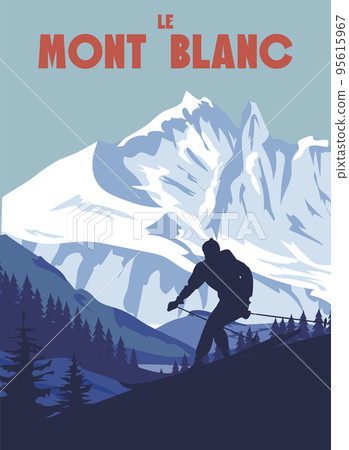 Mont Blanc ski resort poster, retro. Alps Winter travel card 95615967