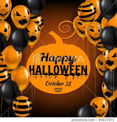 Happy Halloween background, banner with Balloons air realistic. Scary smiles, ghost icons black, orange colors. Halloween template 95615971