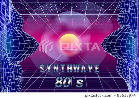 Abstract Synthwave retro banner vaporwave aesthetic background. Mountains landscape grid 3d, sunset 80's retrowave Abstract Synthwave retro banner vaporwave aesthetic background. Mountains landscape grid 3d, sunset 80's retrowave 95615974