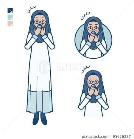 Illustration of a senior Arabic woman holding her mouth and being surprised 95616227