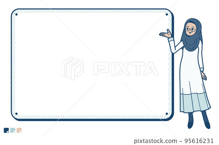 Illustration of a senior arabic woman guiding a frame board 95616231