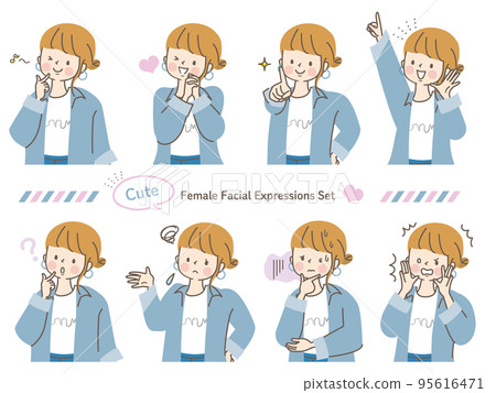 一個年輕女子矢量插圖素材的各種面部表情 95616471