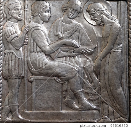 Jesus is condemned to death, Pontius Pilate washes his hands, altar of the Sacred Heart of Jesus in the church of Saint Blaise in Zagreb, Croatia 95616850