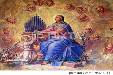 Saint Cecilia, fresco in the Basilica of the Sacred Heart of Jesus in Zagreb, Croatia Saint Cecilia, fresco in the Basilica of the Sacred Heart of Jesus in Zagreb, Croatia 95616911