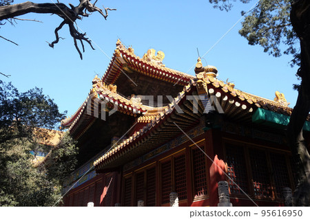 Tiled roof and facade decorated with a Chinese pattern. Palace in The Forbidden City, Beijing 95616950