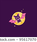 2D graphic cute bats flying in front of the full moon during the Halloween celebrations in October. 95617070