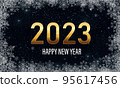 2023 Happy New Year background design. Golden text 2023 Happy New Year with white snowflakes. 95617456