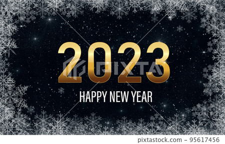 2023 Happy New Year background design. Golden text 2023 Happy New Year with white snowflakes. 95617456