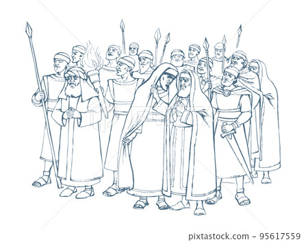 Old Pharisee Priest with army. Vector drawing 95617559
