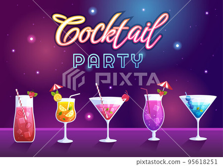Cocktail Bar or Nightclub with Friends Hanging Out with Alcoholic Fruit Juice Drinks or Cocktails on Flat Hand Drawn Cartoon Template Illustration 95618251