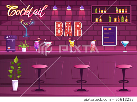 Cocktail Bar or Nightclub with Friends Hanging Out with Alcoholic Fruit Juice Drinks or Cocktails on Flat Hand Drawn Cartoon Template Illustration 95618252