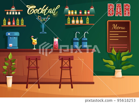 Cocktail Bar or Nightclub with Friends Hanging Out with Alcoholic Fruit Juice Drinks or Cocktails on Flat Hand Drawn Cartoon Template Illustration 95618253