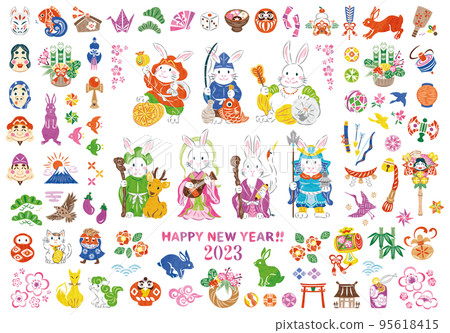 2023 Year of the Rabbit Rabbit Seven Lucky Gods, New Year, New Year's card material icon illustration set 2023 Year of the Rabbit Rabbit Seven Lucky Gods, New Year, New Year's card material icon illustration set 95618415