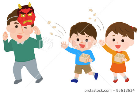 Illustration of a father dressed as a red demon and children throwing beans 95618634