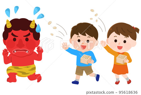 孩子們向 Akaoni 扔豆子的節分插圖 95618636