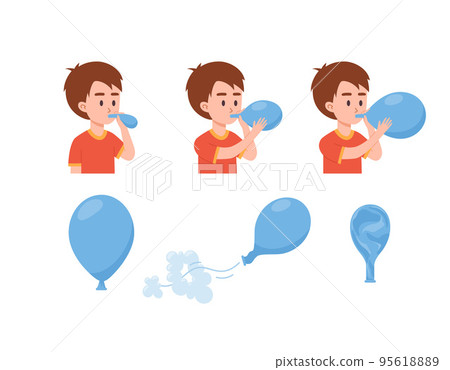 Little boy inflates balloon, rubber balloon blowing process - flat vector illustration isolated on white background. 95618889
