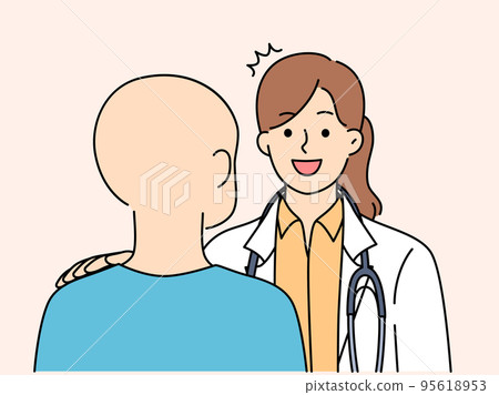 Smiling doctor help talk with cancer patient Smiling doctor help talk with cancer patient 95618953
