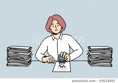Woman work at desk with documents Woman work at desk with documents 95618993