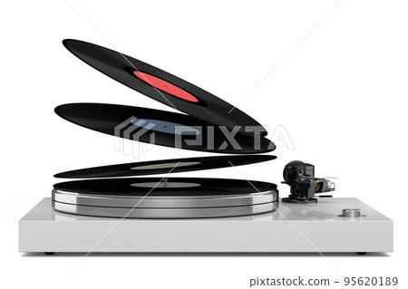 Vinyl record player or DJ turntable with flying vinyl plate on white background. Vinyl record player or DJ turntable with flying vinyl plate on white background. 95620189
