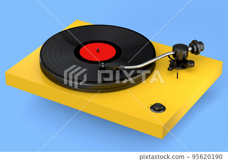 Vinyl record player or DJ turntable with retro vinyl disk on blue background. Vinyl record player or DJ turntable with retro vinyl disk on blue background. 95620190
