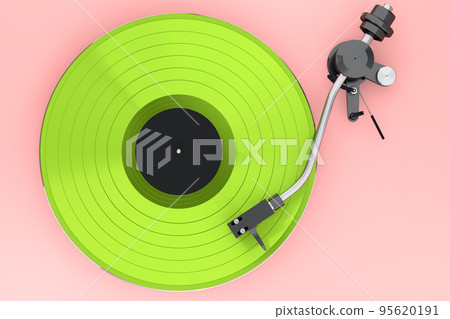 Vinyl record player or DJ turntable with retro vinyl disk on pink background. 95620191