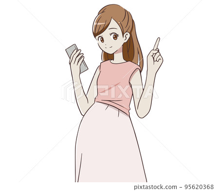 一名孕婦拿著智能手機，舉起食指 95620368