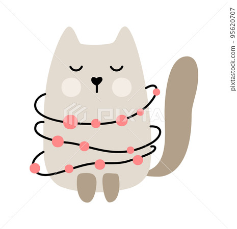 Cute baby cartoon vector cat wrapped in Christmas garland. Color doodle scandinavian style for new year. Graphic resource for graphic, content, banner Cute baby cartoon vector cat wrapped in Christmas garland. Color doodle scandinavian style for new year. Graphic resource for graphic, content, banner 95620707