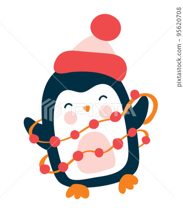 Cute Christmas baby vector penguin in knitted red hat and garland in cartoon style. Isolated on white background flat illustration. Picture drawn with color 95620708