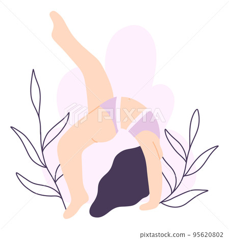 Woman body positive. Poster with girl and leaves. Vector illustration. Flat style. 95620802