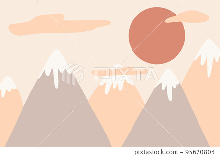 Vector childish drawn mountain illustration in scandinavian style. Mountain landscape, sun . childrens wallpaper. Mountain landscape, childrens room design, wall decor. Kids boho style. 95620803