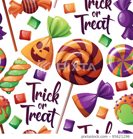 Seamless pattern with Halloween sweets on a dark background. Trick or treat. Texture with candies and lollipops with a spiral pattern. Suitable for wrapping paper, scrapbooking, wallpaper, textile 95621296