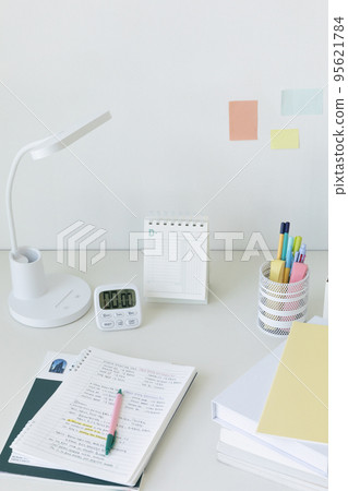 studying at home, study desk setup_timers, handwriting notes, and handwriting tools 95621784