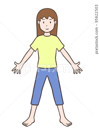 Woman standing barefoot with outstretched arms Woman standing barefoot with outstretched arms 95622503