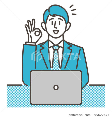 A young male businessman with a smile and an OK sign looking at a laptop [vector illustration material] 95622675