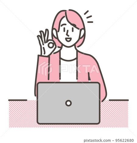 一個帶著微笑和 OK 標誌看著筆記本電腦的年輕女子 [矢量圖素材] 95622680